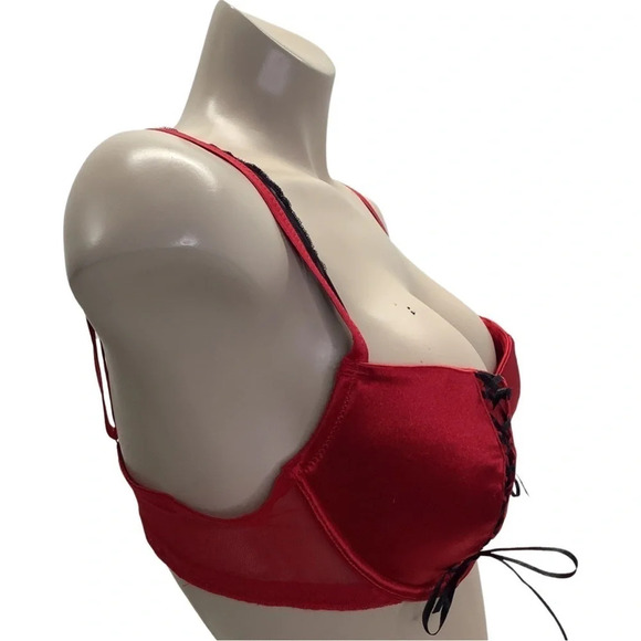 Popsi Lingerie Size 36C Red Lace Up Underwire Bra W/Mesh Ruffle Trim (Preowned) - Picture 2 of 8